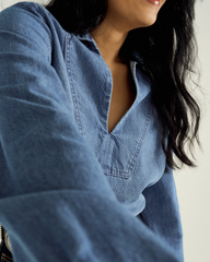 women's long sleeve denim popover top