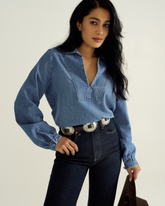 women's long sleeve denim popover top