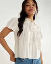 women's short sleeve button-front gathered top