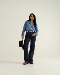 women's long sleeve denim popover top