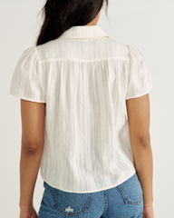 women's short sleeve button-front gathered top
