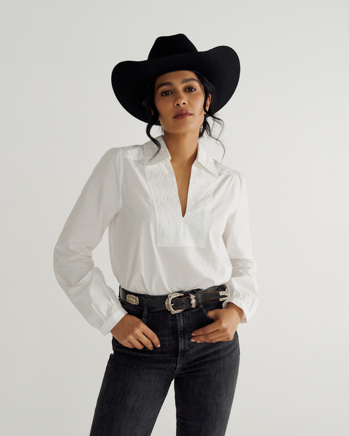 women's long sleeve embroidered cotton popover top