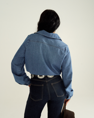 women's long sleeve denim popover top