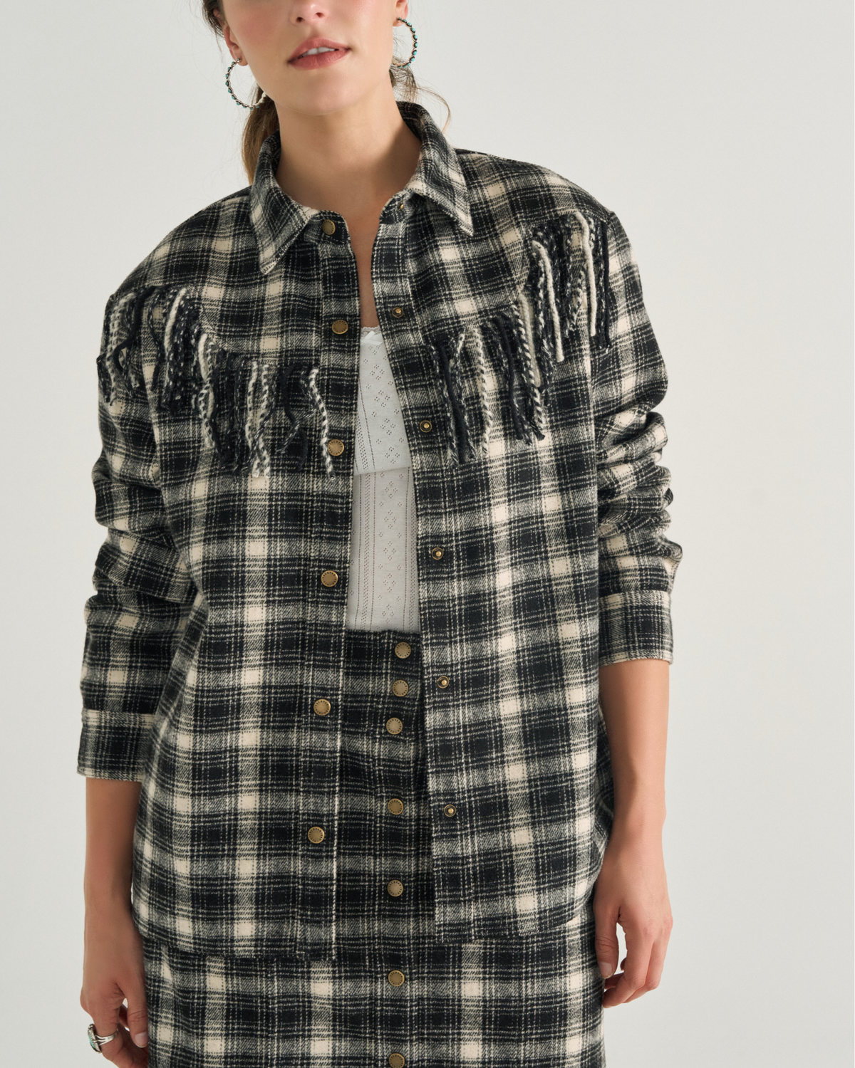 women's plaid fringe shacket