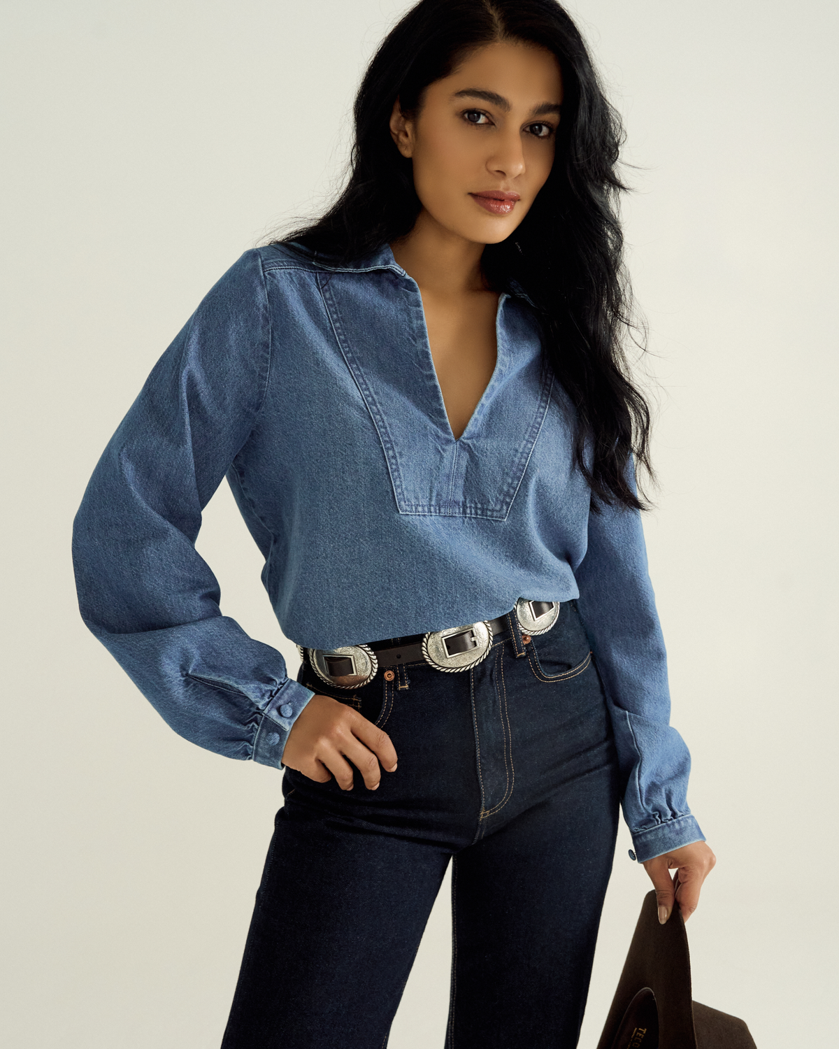 women's long sleeve denim popover top