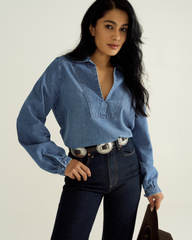 women's long sleeve denim popover top