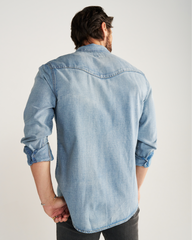 men's denim long sleeve pearl snap